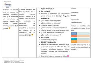 Dirección: Av. Amazonas N34-451 y Av. Atahualpa.
Código postal: 170507 / Quito-Ecuador
Teléfono: 593-2-396-1300 / www.educacion.gob.ec
Reconocer la escuela
como un espacio de
interacción compartida,
lúdico y de aprendizaje
con compañeros y
maestros, basado en
acuerdos, normas,
derechos y deberes. Ref.
CS.2.3.2.
I.CS.2.3.1. Reconoce los
datos importantes de su
escuela (nombre,
símbolos, historia) y la
identifica como un espacio
de socialización e
intercambio de
aprendizajes con
compañeros y maestros,
que influirán en la
construcción de su
identidad. (J.3., I.2.)
 TEMA: MI ESCUELA
 EXPERIENCIA
 Activación y exploración de conocimientos
previos a través de la Estrategia Preguntas
exploratorias
 ¿Qué significa la escuela para ti?
 ¿Quiénes laboran en la escuela?
 ¿Pará qué asiste a la escuela?
 ¿Cómo se llaman tus mejores compañeros?
 ¿Cuál es la razón por la que te llevas con ellos?
 ¿Cuál es el nombre de tú maestra (o)?
 ¿Qué significa tú maestra para ti?
 REFLEXIÓN
 Contestación de preguntas.
 CONCEPTUALIZACIÓN
 Relación de la escuela como el segundo hogar,
ya que ahí se pasa la mitad del día y se
comparten actividades escolares, lúdicas,
culturales y sociales con compañeros(as) y
docentes.
 Observa las imágenes asociadas en el texto.
Técnica:
Observación.
Medición.
Instrumento:
Trabajos prácticos.
Averigua y completa esta
información con ayuda de un
adulto.
Completa este esquema de la
escuela con los recortables de la
página 121.
 