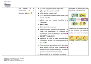 Dirección: Av. Amazonas N34-451 y Av. Atahualpa.
Código postal: 170507 / Quito-Ecuador
Teléfono: 593-2-396-1300 / www.educacion.gob.ec
que influirán en la
construcción de su
identidad. (J.3., I.2.)
 ¿Cuál es tú lugar favorito en la escuela?
 ¿Qué aprendes con tú maestra?
 ¿Qué deporte te gusta más?
 ¿Qué actividades debemos hacer para cuidar
nuestra escuela?
 ¿Crees que una escuela beneficia a la
comunidad?
 REFLEXIÓN
 Contestación de preguntas.
 Explicación de la importancia de aprender y el
papel que desempeñan los maestros por
enseñar y el de los estudiantes por aprender.
 CONCEPTUALIZACIÓN
 Valoración de lo que se puede aprender de los
compañeros del aula y de otras personas de la
escuela.
 Reconocimiento y aceptación de la diversidad
entre géneros, culturas, ideas, capacidades
Identificación de las actividades que se realizan
durante los momentos de aprendizaje
 Determinación de las actividades recreativas.
y completa su sentido con lo que
representa cada ilustración.
Ordena, con los números del 1 al
3, las acciones que debemos
realizar para comer un refrigerio.

 