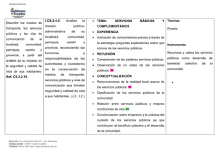 Dirección: Av. Amazonas N34-451 y Av. Atahualpa.
Código postal: 170507 / Quito-Ecuador
Teléfono: 593-2-396-1300 / www.educacion.gob.ec
Describir los medios de
transporte, los servicios
públicos y las vías de
comunicación de la
localidad, comunidad,
parroquia, cantón y
provincia, a partir del
análisis de su impacto en
la seguridad y calidad de
vida de sus habitantes.
Ref. CS.2.2.15.
I.CS.2.4.2. Analiza la
división político-
administrativa de su
localidad, comunidad,
parroquia, cantón y
provincia, reconociendo las
funciones y
responsabilidades de las
autoridades y ciudadanos
en la conservación de
medios de transporte,
servicios públicos y vías de
comunicación que brinden
seguridad y calidad de vida
a sus habitantes. (J.2., I.2.)
 TEMA: SERVICIOS BÁSICOS Y
COMPLEMENTARIOS
 EXPERIENCIA
 Activación de conocimientos previos a través de
la estrategia preguntas exploratorias sobre que
conoce de los servicios públicos.
 REFLEXIÓN
 Comprensión de las palabras servicios públicos.
 Observación de un video de los servicios
públicos.
 CONCEPTUALIZACIÓN
 Reconocimiento de la realidad local acerca de
los servicios públicos.
 Clasificación de los servicios públicos de la
comunidad.
 Relación entre servicios públicos y mejores
condiciones de vida.
 Concienciación sobre el aprecio y la práctica del
cuidado de los servicios públicos ya que
contribuyen al beneficio colectivo y el desarrollo
de la comunidad.
Técnica:
Prueba.
Instrumento:
Reconoce y valora los servicios
públicos como desarrollo de
bienestar colectivo de la
comunidad.

 