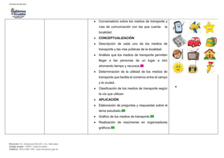 Dirección: Av. Amazonas N34-451 y Av. Atahualpa.
Código postal: 170507 / Quito-Ecuador
Teléfono: 593-2-396-1300 / www.educacion.gob.ec
 Conversatorio sobre los medios de transporte y
vías de comunicación con las que cuenta la
localidad.
 CONCEPTUALIZACIÓN
 Descripción de cada uno de los medios de
transporte y las vías públicas de la localidad.
 Análisis que los medios de transporte permiten
llegar a las personas de un lugar a otro
ahorrando tiempo y recursos.
 Determinación de la utilidad de los medios de
transporte que facilita el comercio entre el campo
y la ciudad.
 Clasificación de los medios de transporte según
la vía que utilizan.
 APLICACIÓN
 Elaboración de preguntas y respuestas sobre el
tema estudiado.
 Gráfico de los medios de transporte.
 Realización de resúmenes en organizadores
gráficos.

 