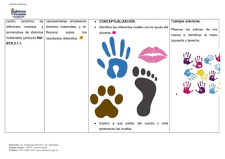 Dirección: Av. Amazonas N34-451 y Av. Atahualpa.
Código postal: 170507 / Quito-Ecuador
Teléfono: 593-2-396-1300 / www.educacion.gob.ec
cartón, cartulina), de
diferentes medidas, y
sirviéndose de distintos
materiales (pintura) Ref.
ECA.2.1.1.
representarse empleando
distintos materiales, y re-
flexiona sobre los
resultados obtenidos.
 CONCEPTUALIZACIÓN.
 Identifico las diferentes huellas con la ayuda del
docente.
 Explico a qué partes del cuerpo o ente
pertenecen las huellas.
Trabajos prácticos.
Plasmar las palmas de mis
manos e identificar la mano
izquierda y derecha.

 