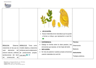 Dirección: Av. Amazonas N34-451 y Av. Atahualpa.
Código postal: 170507 / Quito-Ecuador
Teléfono: 593-2-396-1300 / www.educacion.gob.ec
 APLICACIÓN.
 Busca materiales de la naturaleza que te ayuden
a formar un dibujo, que represente tu Land Art.
ECA.2.2.6. Observar
creaciones en las que se
usan elementos del
entorno natural y artificial
(producciones del land
art, construcción de
I.ECA.2.3.3. Toma como
modelo objetos y creaciones
artísticas para la elaboración
de producciones propias.
(J.2.,S.3.)
 EXPERIENCIA.
 Dialogo en familia sobre la clase pasada y las
emociones que exprese, en las hojas del arbol.
 REFLEXIÓN.
 Es hora de plasmar nuestras propias emociones
usando materiales de Land Art.
Técnica:
Observación.
Medición.
Instrumento:
Trabajos prácticos.
 