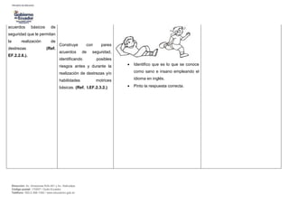 Dirección: Av. Amazonas N34-451 y Av. Atahualpa.
Código postal: 170507 / Quito-Ecuador
Teléfono: 593-2-396-1300 / www.educacion.gob.ec
acuerdos básicos de
seguridad que le permitan
la realización de
destrezas (Ref.
EF.2.2.6.).
Construye con pares
acuerdos de seguridad,
identificando posibles
riesgos antes y durante la
realización de destrezas y/o
habilidades motrices
básicas. (Ref. I.EF.2.3.2.)
 Identifico que es lo que se conoce
como sano e insano empleando el
idioma en inglés.
 Pinto la respuesta correcta.
 