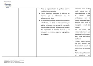 Dirección: Av. Amazonas N34-451 y Av. Atahualpa.
Código postal: 170507 / Quito-Ecuador
Teléfono: 593-2-396-1300 / www.educacion.gob.ec
 Para la representación de gráficas elabore
modelos bidimensionales.
 Utilice diferentes materiales y texturas de
manera que la información sea lo
suficientemente clara.
 Si es necesario presente la información en forma
«dosificada», es decir, un solo concepto por
gráfica, ya que una gran cantidad de información
puede causar confusión, por ejemplo en biología
NO represente el sistema muscular y el
circulatorio en un mismo esquema, haga gráficas
de cada uno.
estudiante; esta prueba
puede hacerla con el
mismo estudiante ya que
le servirá para
familiarizarse con el
material antes de la clase.
 Mientras usted hace la
descripción verbal del
material,
 guíe las manos del
estudiante de manera que
al explorar la información
táctil, vaya adquiriendo
significado.
 También puede hacerlo
con otra persona con
discapacidad visual o
usted mismo cerrando los
ojos.
 Promueva la participación
del estudiante con
 