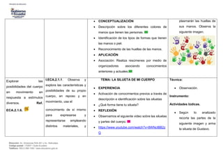 Dirección: Av. Amazonas N34-451 y Av. Atahualpa.
Código postal: 170507 / Quito-Ecuador
Teléfono: 593-2-396-1300 / www.educacion.gob.ec
 CONCEPTUALIZACIÓN
 Descripción sobre los diferentes colores de
manos que tienen las personas.
 Identificación de los tipos de formas que tienen
las manos o piel.
 Reconocimiento de las huellas de las manos.
 APLICACIÓN
 Asociación: Realiza resúmenes por medio de
organizadores asociando conocimientos
anteriores y actuales.
plasmarán las huellas de
sus manos. Observa la
siguiente imagen.
Explorar las
posibilidades del cuerpo
en movimiento en
respuesta a estímulos
diversos. Ref.
ECA.2.1.6.
I.ECA.2.1.1. Observa y
explora las características y
posibilidades de su propio
cuerpo, en reposo y en
movimiento, usa el
conocimiento de sí mismo
para expresarse y
representarse empleando
distintos materiales, y
TEMA: LA SILUETA DE MI CUERPO
 EXPERIENCIA
 Activación de conocimientos previos a través de
descripción e identificación sobre las siluetas
 ¿Qué forma tiene tu silueta?
 REFLEXIÓN
 Observamos el siguiente video sobre las siluetas
y partes del cuerpo.
 https://www.youtube.com/watch?v=8WNcIBB2z
G
Técnica:
 Observación.
Instrumento:
Actividades lúdicas.
 Según lo analizado
recorta las partes de la
siguiente imagen y arma
la silueta de Gustavo.
 