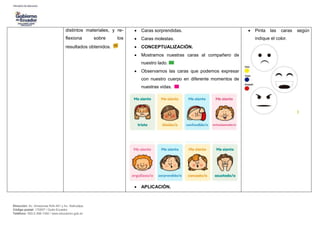Dirección: Av. Amazonas N34-451 y Av. Atahualpa.
Código postal: 170507 / Quito-Ecuador
Teléfono: 593-2-396-1300 / www.educacion.gob.ec
distintos materiales, y re-
flexiona sobre los
resultados obtenidos.
 Caras sorprendidas.
 Caras molestas.
 CONCEPTUALIZACIÓN.
 Mostramos nuestras caras al compañero de
nuestro lado.
 Observamos las caras que podemos expresar
con nuestro cuerpo en diferente momentos de
nuestras vidas.
 APLICACIÓN.
 Pinta las caras según
indique el color.
 