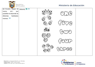 Dirección: Av. Amazonas N34-451 y Av. Atahualpa.
Código postal: 170507 / Quito-Ecuador
Teléfono: 593-2-396-1300 / www.educacion.gob.ec
del Ecuador, juegos de
manos, etc.) que
posibiliten el desarrollo de
diferentes habilidades
motrices.
referente.
 
