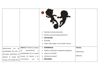  Describo la silueta observada.
 Expreso a que personajes pertenecen.
 APLICACIÓN.
 Actividad.
 Enlazo cada imagen con la silueta correcta.
Experimentar con las
posibilidades del color y
del gesto espontáneo al
plasmar la silueta del
cuerpo, y las huellas de las
I.ECA.2.1.1. Observa y explora
las características y
posibilidades de su propio
cuerpo, en reposo y en
movimiento, usa el
 EXPERIENCIA.
 Analizo y respondo las siguientes preguntas.
 ¿Qué es una huella?
 ¿Quiénes la poseen?
 REFLEXIÓN.
Técnica:
Observación.
Medición.
 