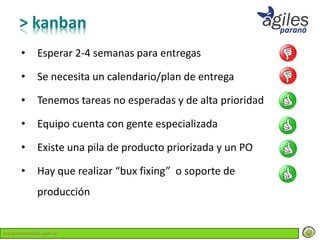 > kanban
      •     Esperar 2-4 semanas para entregas

      •     Se necesita un calendario/plan de entrega

      •     Tenemos tareas no esperadas y de alta prioridad

      •     Equipo cuenta con gente especializada

      •     Existe una pila de producto priorizada y un PO

      •     Hay que realizar “bux fixing” o soporte de
            producción


www.lemondata.com.ar
 