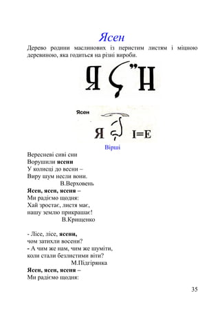 Ясен
Дерево родини маслинових із перистим листям і міцною
деревиною, яка годиться на різні вироби.
Вірші
Вересневі сиві сни
Ворушили ясени
У колисці до весни –
Виру шум несли вони.
В.Верховень
Ясен, ясен, ясеня –
Ми радіємо щодня:
Хай зростає, листя має,
нашу землю прикрашає!
В.Крищенко
- Лісе, лісе, ясени,
чом затихли восени?
- А чим же нам, чим же шуміти,
коли стали безлистими віти?
М.Підгірянка
Ясен, ясен, ясеня –
Ми радіємо щодня:
35
 