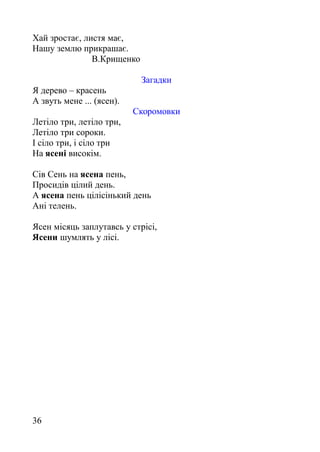 Хай зростає, листя має,
Нашу землю прикрашає.
В.Крищенко
Загадки
Я дерево – красень
А звуть мене ... (ясен).
Скоромовки
Летіло три, летіло три,
Летіло три сороки.
І сіло три, і сіло три
На ясені високім.
Сів Сень на ясена пень,
Просидів цілий день.
А ясена пень цілісінький день
Ані телень.
Ясен місяць заплутавсь у стрісі,
Ясени шумлять у лісі.
36
 