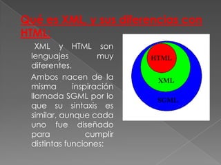 Qué es XML, y sus diferencias con
HTML:
   XML y HTML son
 lenguajes          muy
 diferentes.
 Ambos nacen de la
 misma       inspiración
 llamada SGML por lo
 que su sintaxis es
 similar, aunque cada
 uno fue diseñado
 para            cumplir
 distintas funciones:
 