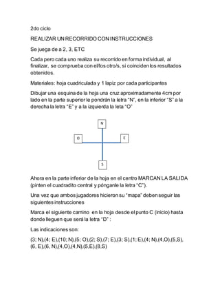 2do ciclo
REALIZAR UN RECORRIDO CON INSTRUCCIONES
Se juega de a 2, 3, ETC
Cada pero cada uno realiza su recorrido en forma...