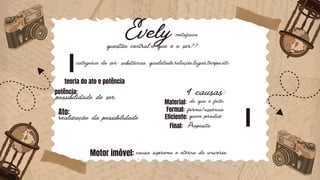 1
1
Evely metafísica
questão central:o que é o ser??
categoria do ser: substância, qualidade,relação,lugar,tempo,etc
teoria do ato e potência
potência:
Ato:
possibilidade de ser.
realização da possibilidade
4 causas:
Material:
Formal:
Eficiente:
Final:
do que é feito.
forma/essência
quem produz
Propósito
Motor imóvel: causa suprema e eterna do universo
 