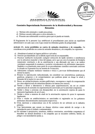 R 1= I» i i I
                             X'J     ., 1 C   A.   13 13 JL, i : C I J A 13 O R.
    Comisión Especializada Permanente de la Biodiversidad y Recursos
                               Naturales

   c) Hubiese sido entrenado o usado para peleas;
   d) Hubiese causado daño grave a otros animales; o,
   e) Presente una enfermedad zoonósica grave que no pueda ser tratada.
El Reglamento de la presente Ley establecerá el procedimiento para iniciar un expediente
administrativo en cada caso y en el que conste los diferentes grados de peligrosidad.
Artículo 13.- Actos prohibidos en contra de animales domésticos y de compañía.- Se
consideran actos prohibidos en contra de animales domésticos y de compañía, los siguientes:
 a) Abandonar al animal en lugares públicos o privados;
 b) Permitir que deambulen sin la debida supervisión de un responsable;
 c) Practicar mutilación incluyendo cualquier extracción de tejido sensitivo o interferencia
     con la estructura muscular u ósea del animal, salvo que sea con el propósito de brindarle
     tratamiento veterinario o de su esterilización y sea efectuado por una o un médico
     veterinario asegurando la anestesia y posterior convalecencia sin sufrimiento innecesario.
     También si es practicada como parte de un procedimiento científico autorizado conforme
     lo dictado en la presente Ley en materia de vivisección;
 d) Administrar cualquier sustancia venenosa o tóxica o, provocar deliberadamente que el
     animal la injiera;
 e) Permitir la reproducción indiscriminada, sin considerar sus características anatómicas,
    genéticas, psíquicas y de comportamiento que pudieran poner en riesgo la salud y
    bienestar de la madre y/o sus crías;
 f) Donar, en calidad de premio, reclamo publicitario, recompensa o regalo de compensación
    por otras adquisiciones de naturaleza distinta a la transacción onerosa;
g) Vender o donar a laboratorios o clínicas para experimentación, sin ser un criador
    especializado de animales de experimentación autorizado por la autoridad competente;
h) Vender o donar a personas con discapacidad, sin la autorización expresa de quien lo
    represente legalmente, de ser el caso;
i) Vender o donar a menores de edad sin la autorización expresa de quien lo represente
    legalmente;
j) Criar o vender en establecimientos no autorizados ni registrados en los gobiernos
    autónomos descentralizados municipales respectivos;
k) Criar, mantener y comercializar con el fin exclusivo de ser utilizado en la industria
    peletera;
1) Usar herramientas que causen un choque eléctrico como método de castigo o de
    intimidación para el cuidado o entrenamiento;
m) No informar a propietarios, tenedores, médicos veterinarios, autoridades competentes al
    descubrir un animal doméstico o de compañía que se encuentre enfermo, herido, en
    peligro o en necesidad de ayuda; y,
 
