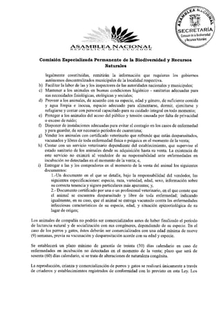 Comisión Especializada Permanente de la Biodiversidad y Recursos
                                Naturales

          legalmente constituidas, remitirán la información que requieran los gobiernos
          autónomos descentralizados municipales de la localidad respectiva.
    b)    Facilitar la labor de las y los inspectores de las autoridades nacionales y municipales;
    c)    Mantener a los animales en buenas condiciones higiénico - sanitarias adecuadas para
          sus necesidades fisiológicas, etológicas y sociales;
    d)   Proveer a los animales, de acuerdo con su especie, edad y género, de suficiente comida
         y agua limpia e inocua, espacio adecuado para alimentarse, dormir, ejercitarse y
         refugiarse y contar con personal capacitado para su cuidado integral en todo momento;
    e)   Proteger a los animales del acoso del público y tensión causada por falta de privacidad
         o exceso de ruido;
    f)   Disponer de instalaciones adecuadas para evitar el contagio en los casos de enfermedad
         y para guardar, de ser necesario períodos de cuarentena;
    g)   Vender los animales con certificado veterinario que refrende que están desparasitados,
         vacunados y libres de toda enfermedad física o psíquica en el momento de la venta;
    h)   Contar con un servicio veterinario dependiente del establecimiento, que supervise el
         estado sanitario de los animales desde su adquisición hasta su venta. La existencia de
         este servicio no eximirá al vendedor de su responsabilidad ante enfermedades en
         incubación no detectadas en el momento de la venta; e,
    i)   Entregar a las y los compradores en el momento de la venta del animal los siguientes
         documentos:
              1.-Un documento en el que se detalle, bajo la responsabilidad del vendedor, las
             siguientes especificaciones: especie, raza, variedad, edad, sexo, información sobre
             su correcta tenencia y signos particulares más aparentes; y,
             2.- Documento certificado por una o un profesional veterinario, en el que conste que
             el animal se encuentra desparasitado y libre de toda enfermedad; indicando
             igualmente, en su caso, que el animal se entrega vacunado contra las enfermedades
             infecciosas características de su especie, edad, y situación epizootiológica de su
             lugar de origen;
Los animales de compañía no podrán ser comercializados antes de haber finalizado el período
de lactancia natural y de socialización con sus congéneres, dependiendo de su especie. En el
caso de los perros y gatos, éstos deberán ser comercializados con una edad mínima de nueve
(9) semanas, previa su vacunación y desparasitación acorde con su edad y especie.
Se establecerá un plazo mínimo de garantía de treinta (30) días calendario en caso de
enfermedades en incubación no detectadas en el momento de la venta; plazo que será de
sesenta (60) días calendario, si se trata de alteraciones de naturaleza congènita.
La reproducción, crianza y comercialización de perros y gatos se realizará únicamente a través
de criaderos y establecimientos registrados de conformidad con lo previsto en esta Ley. Los
 