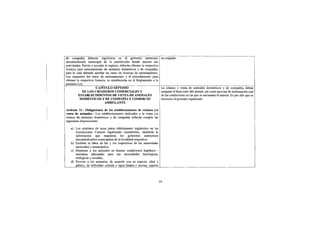 de compañía deberán registrarse en el gobierno autónomo                     su conjunto.
descentralizado municipal de la jurisdicción donde ejercen sus
actividades. Previo a acceder al registro, deberán obtener la respectiva
licencia para entrenamiento de animales domésticos y de compañía,
para lo cual deberán aprobar un curso de técnicas de entrenamiento.
Los requisitos del curso de entrenamiento y el procedimiento para
obtener la respectiva licencia, se establecerán en el Reglamento a la
presente Ley.
                       CAPÍTULO SÉPTIMO                                     La crianza y venta de animales domésticos y de compañía, deben
             DE LOS CRIADEROS COMERCIALES Y                                 asegurar el buen trato del animal, así como proveer de información real
          ESTABLECIMIENTOS DE VENTA DE ANIMALES                             de las condiciones en las que se encuentra el animal. Es por ello que es
           DOMÉSTICOS Y DE COMPAÑÍA Y COMERCIO                              necesaria la presente regulación.
                              AMBULANTE
Artículo 31.- Obligaciones de los establecimientos de crianza y/o
venta de animales.- Los establecimientos dedicados a la venta y/o
crianza de animales domésticos y de compañía deberán cumplir las
siguientes disposiciones:
   a) Los criaderos de razas puras debidamente registrados en las
      Asociaciones Caninas legalmente constituidas, remitirán la
      información que requieran los gobiernos autónomos
      descentralizados municipales de la localidad respectiva.
   b) Facilitar la labor de las y los inspectores de las autoridades
      nacionales y municipales;
   c) Mantener a los animales en buenas condiciones higiénico -
      sanitarias adecuadas para sus necesidades fisiológicas,
      etológicas y sociales;
   d) Proveer a los animales, de acuerdo con su especie, edad y
      género, de suficiente comida y agua limpia e inocua, espacio


                                                                           16
 