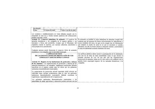 en adelante
  Gatas            18 meses de edad          7 años y un día de edad
Los criaderos y establecimientos de venta deberán cumplir con lo
estipulado en esta Ley y demás normas sanitarias del ordenamiento
jurídico nacional y local.
Artículo 32.- Comercio ambulante de animales.- El comercio de           Es necesario se prohiba la venta ambulante de animales, porque esto
animales domésticos y de compañía en el espacio público o en            ocasiona que las personas de forma indiscriminada los reproduzcan y
mercados y ferias está prohibido, excepto que el Municipio del          lucren alrededor del tema, sin que exista ningún tipo de información
respectivo cantón lo autorice, por razones culturales, ancestrales u    que sustente el estado de salud en el que se encuentra el animal,
otras propias de su jurisdicción.                                       afectando con ello de forma directa al bienestar animal y aumentando
                                                                        la crisis de salubridad existente alrededor del tema.
Cualquier persona puede denunciar el comercio ilícito de animales
domésticos y de compañía ante la autoridad municipal.
                        CAPITULO OCTAVO                               Las políticas públicas deben incluir la participación de la ciudadanía,
      DE LAS INSTITUCIONES DE PROTECCIÓN DE LOS                       más aun en un tema de tanta sensibilidad como el que aborda el
            ANIMALES Y ASOCIACIONES CANINAS                           presente proyecto de Ley. Es por ello que las organizaciones
                                                                      protectoras de animales, tienen un rol vital como es el colaborar con la
Artículo 33.- Registro de las instituciones de protección y defensa gestión local, municipal respecto de los animales domésticos y de
de los animales.- Las organizaciones de protección y defensa de los compañía.
animales domésticos y de compañía, legalmente constituidas, deberán
inscribirse en el registro creado para tal efecto por los gobiernos
autónomos descentralizados municipales.
La organización de protección animal registrada podrá solicitar ser
calificada como entidad colaboradora, para lo cual los gobiernos
autónomos descentralizados municipales deberán considerar la
experiencia y especialización de la organización.
Los gobiernos autónomos descentralizados municipales y las
autoridades de salud, agricultura y educación podrán convenir con las


                                                                       19
 
