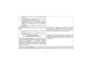 literales a, b, c, d, e, f, g, h, i, j, k, 1 y m del Artículo 13 de la
        presente Ley;
   e) El comercio ambulante de animales domésticos y de compañía,
        salvo la excepción prevista en la presente Ley;
   f) El incumplimiento por parte de los establecimientos para
        hospedaje temporal, crianza, venta, albergue de animales
        domésticos y de compañía, respecto de su integridad y
        bienestar; y,
   g) El incumplimiento de las disposiciones del Artículo 28 de la
        presente Ley.
Artículo 41.- Infracciones muy graves.- Son infracciones muy Los artículos 38 al 41, regulan las infracciones leves, graves y muy
graves:                                                                        graves, acogiendo las observaciones del Pleno de la Asamblea
                                                                               Nacional, en el primer debate a la ley, en la que se exigió que las
    a) El incumplimiento del literal n del Artículo 13 de la presente infracciones sean precisas y eliminar todo tipo de subjetividad.
        Ley; y,
   b) La realización de experimentos o procedimientos científicos no
        permitidos por la Ley.
                          CAPITULO SEGUNDO                                     Es necesario que se establezca cual es la autoridad que sanciona las
             DE LAS SANCIONES ADMINISTRATIVAS                                  infracciones contra los animales domésticos y de compañía, lo que
                                                                               vuelve al proceso expedito y menos engorroso en lo que respecta a la
Artículo 42.- Autoridad competente.- La imposición de sanciones vía administrativa.
por el cometimiento de las infracciones administrativas previstas en la
presente Ley corresponderán a los gobiernos autónomos
descentralizados municipales. El procedimiento del expediente
administrativo será regulado mediante las respectivas ordenanzas que
deberán observar en todo momento las reglas del debido proceso
previstas en la Constitución.
Artículo 43.- Sanciones administrativas.- Las infracciones leves La multa pecuniaria, es de forma proporcional a la falta cometida,
serán sancionadas con multas desde el cincuenta por ciento (50%) haciendo que el régimen de sanción este acorde al bien jurídico


                                                                        23
 