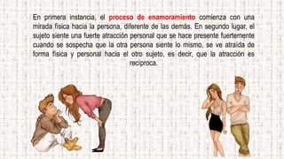 En primera instancia, el proceso de enamoramiento comienza con una
mirada física hacia la persona, diferente de las demás. En segundo lugar, el
sujeto siente una fuerte atracción personal que se hace presente fuertemente
cuando se sospecha que la otra persona siente lo mismo, se ve atraída de
forma física y personal hacia el otro sujeto, es decir, que la atracción es
recíproca.
 
