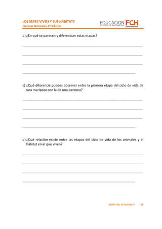 LOS SERES VIVOS Y SUS HÁBITATS
Ciencias Naturales 2º Básico
14GUÍAS DEL ESTUDIANTE
b) ¿En qué se parecen y diferencian estas etapas?
_________________________________________________________________
_________________________________________________________________
_________________________________________________________________
_____________________________________________________________
c) ¿Qué diferencia puedes observar entre la primera etapa del ciclo de vida de
una mariposa con la de una persona?
_________________________________________________________________
_________________________________________________________________
_________________________________________________________________
_____________________________________________________________
d) ¿Qué relación existe entre las etapas del ciclo de vida de los animales y el
hábitat en el que viven?
_________________________________________________________________
_________________________________________________________________
_________________________________________________________________
_____________________________________________________________
 