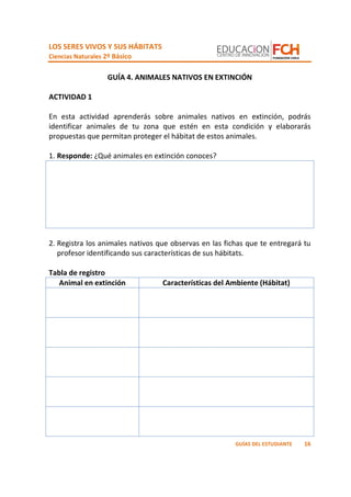 LOS SERES VIVOS Y SUS HÁBITATS
Ciencias Naturales 2º Básico
16GUÍAS DEL ESTUDIANTE
GUÍA 4. ANIMALES NATIVOS EN EXTINCIÓN
ACTIVIDAD 1
En esta actividad aprenderás sobre animales nativos en extinción, podrás
identificar animales de tu zona que estén en esta condición y elaborarás
propuestas que permitan proteger el hábitat de estos animales.
1. Responde: ¿Qué animales en extinción conoces?
2. Registra los animales nativos que observas en las fichas que te entregará tu
profesor identificando sus características de sus hábitats.
Tabla de registro
Animal en extinción Características del Ambiente (Hábitat)
 