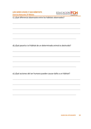 LOS SERES VIVOS Y SUS HÁBITATS
Ciencias Naturales 2º Básico
18GUÍAS DEL ESTUDIANTE
c) ¿Qué diferencia observaste entre los hábitats observados?
_________________________________________________________________
_________________________________________________________________
_________________________________________________________________
_____________________________________________________________
d) ¿Qué pasaría si el hábitat de un determinado animal es destruido?
_________________________________________________________________
_________________________________________________________________
_________________________________________________________________
_____________________________________________________________
e) ¿Qué acciones del ser humano pueden causar daño a un hábitat?
_________________________________________________________________
_________________________________________________________________
_________________________________________________________________
_____________________________________________________________
 