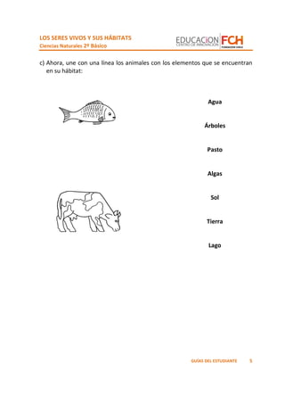 LOS SERES VIVOS Y SUS HÁBITATS
Ciencias Naturales 2º Básico
5GUÍAS DEL ESTUDIANTE
c) Ahora, une con una línea los animales con los elementos que se encuentran
en su hábitat:
Agua
Árboles
Pasto
Algas
Sol
Tierra
Lago
 