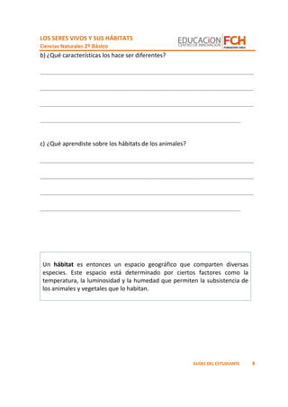 LOS SERES VIVOS Y SUS HÁBITATS
Ciencias Naturales 2º Básico
8GUÍAS DEL ESTUDIANTE
b) ¿Qué características los hace ser diferentes?
_________________________________________________________________
_________________________________________________________________
_________________________________________________________________
_____________________________________________________________
c) ¿Qué aprendiste sobre los hábitats de los animales?
_________________________________________________________________
_________________________________________________________________
_________________________________________________________________
_____________________________________________________________
Un hábitat es entonces un espacio geográfico que comparten diversas
especies. Este espacio está determinado por ciertos factores como la
temperatura, la luminosidad y la humedad que permiten la subsistencia de
los animales y vegetales que lo habitan.
 