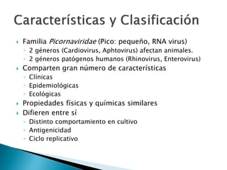  Familia Picornaviridae (Pico: pequeño, RNA virus)
◦ 2 géneros (Cardiovirus, Aphtovirus) afectan animales.
◦ 2 géneros patógenos humanos (Rhinovirus, Enterovirus)
 Comparten gran número de características
◦ Clínicas
◦ Epidemiológicas
◦ Ecológicas
 Propiedades físicas y químicas similares
 Difieren entre sí
◦ Distinto comportamiento en cultivo
◦ Antigenicidad
◦ Ciclo replicativo
 