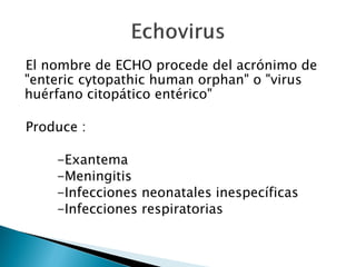 El nombre de ECHO procede del acrónimo de
"enteric cytopathic human orphan" o "virus
huérfano citopático entérico"
Produce :
-Exantema
-Meningitis
-Infecciones neonatales inespecíficas
-Infecciones respiratorias
 