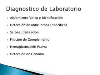  Aislamiento Vírico e Identificación
 Detección de anticuerpos Específicos
 Seroneutralización
 Fijación de Complemento
 Hemaglutinación Pasiva
 Detección de Genoma
 