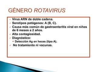  Virus ARN de doble cadena.
 Serotipos patógenos: A (B, C).
 Causa más común de gastroenteritis viral en niños
de 6 meses a 2 años.
 Alta contagiosidad.
 Diagnóstico:
 Detección Ag en heces (tipo A).
 No tratamiento ni vacunas.
 
