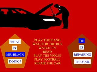 PLAY THE PIANO      HE
 WHAT
            WAIT FOR THE BUS
   IS          WATCH TV           IS
                  READ
MR. BLACK   PLAY THE VIOLIN    REPAIRING
             PLAY FOOTBALL
 DOING?                        THE CAR.
             REPAIR THE CAR
 