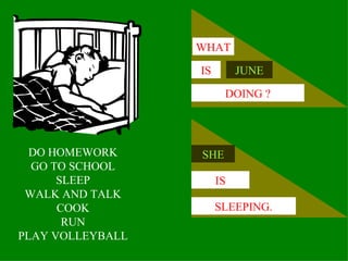 WHAT

                  IS        JUNE

                        DOING ?




  DO HOMEWORK     SHE
  GO TO SCHOOL
      SLEEP            IS
 WALK AND TALK
      COOK             SLEEPING.
       RUN
PLAY VOLLEYBALL
 