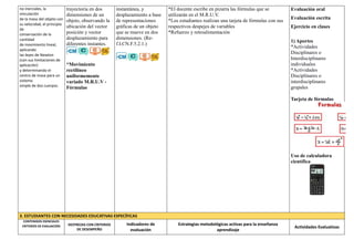 no inerciales, la
vinculación
de la masa del objeto con
su velocidad, el principio
de
conservación de la
cantidad
de movimiento lineal,
aplicando
las leyes de Newton
(con sus limitaciones de
aplicación)
y determinando el
centro de masa para un
sistema
simple de dos cuerpos.
trayectoria en dos
dimensiones de un
objeto, observando la
ubicación del vector
posición y vector
desplazamiento para
diferentes instantes.
*Movimiento
rectilíneo
uniformemente
variado M.R.U.V -
Fórmulas
instantánea, y
desplazamiento a base
de representaciones
gráficas de un objeto
que se mueve en dos
dimensiones. (Re-
f.I.CN.F.5.2.1.)
*El docente escribe en pizarra las fórmulas que se
utilizarán en el M.R.U.V.
*Los estudiantes realizan una tarjeta de fórmulas con sus
respectivos despejes de variables
*Refuerzo y retroalimentación
Evaluación oral
Evaluación escrita
Ejercicio en clases
1) Aportes
*Actividades
Disciplinares o
Interdisciplinares
individuales
*Actividades
Disciplinares o
interdisciplinares
grupales
Tarjeta de fórmulas
Uso de calculadora
científica
3. ESTUDIANTES CON NECESIDADES EDUCATIVAS ESPECÍFICAS
CONTENIDOS ESENCIALES
CRITERIOS DE EVALUACIÓN DESTREZAS CON CRITERIOS
DE DESEMPEÑO
Indicadores de
evaluación
Estrategias metodológicas activas para la enseñanza
aprendizaje
Actividades Evaluativas
 