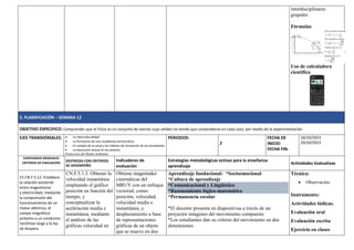 interdisciplinares
grupales
Fórmulas
Uso de calculadora
científica
2. PLANIFICACIÓN – SEMANA 12
OBJETIVO ESPECIFICO: Comprender que la Física es un conjunto de teorías cuya validez ha tenido que comprobarse en cada caso, por medio de la experimentación.
EJES TRANSVERSALES:  La interculturalidad
 La formación de una ciudadanía democrática
 El cuidado de la salud y los hábitos de recreación de los estudiantes
 La educación sexual en los jóvenes
Protección del Medio Ambiente
PERIODOS:
2
FECHA DE
INICIO:
FECHA FIN:
16/10/2023
20/10/2023
CONTENIDOS ESENCIALES
CRITERIOS DE EVALUACIÓN
DESTREZAS CON CRITERIOS
DE DESEMPEÑO
Indicadores de
evaluación
Estrategias metodológicas activas para la enseñanza
aprendizaje
Actividades Evaluativas
CE.CN.F.5.12. Establece
la relación existente
entre magnetismo
y electricidad, mediante
la comprensión del
funcionamiento de un
motor eléctrico, el
campo magnético
próximo a un conductor
rectilíneo largo y la ley
de Ampère.
CN.F.5.1.3. Obtener la
velocidad instantánea
empleando el gráfico
posición en función del
tiempo, y
conceptualizar la
aceleración media e
instantánea, mediante
el análisis de las
gráficas velocidad en
Obtiene magnitudes
cinemáticas del
MRUV con un enfoque
vectorial, como:
posición, velocidad,
velocidad media e
instantánea, y
desplazamiento a base
de representaciones
gráficas de un objeto
que se mueve en dos
Aprendizaje fundacional: *Socioemocional
*Cultura de aprendizaje
*Comunicacional y Lingüístico
*Razonamiento lógico-matemático
*Permanencia escolar
*El docente presenta en diapositivas a través de un
proyector imágenes del movimiento compuesto
*Los estudiantes dan su criterio del movimiento en dos
dimensiones
Técnica:
 Observación.
Instrumento:
Actividades lúdicas.
Evaluación oral
Evaluación escrita
Ejercicio en clases
 