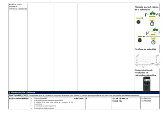 y gráficas en un
sistema de
referencia establecido
Fórmula para el cálculo
de la velocidad
Gráficos de velocidad
Comprobación de
resultados en
calculadora científica
2. PLANIFICACIÓN – SEMANA 2
OBJETIVO ESPECIFICO Comprender que la Física es un conjunto de teorías cuya validez ha tenido que comprobarse en cada caso, por medio de la experimentación.
EJES TRANSVERSALES:  La interculturalidad
 La formación de una ciudadanía democrática
 El cuidado de la salud y los hábitos de recreación de los
estudiantes
 La educación sexual en los jóvenes
 Protección del Medio Ambiente
PERIODOS: 2 FECHA DE INICIO:
FECHA FIN:
07/08/2023
11/08/2023
 