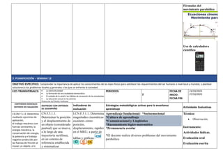 Fórmulas del
movimiento parabólico
Uso de calculadora
científica
2. PLANIFICACIÓN – SEMANA 13
OBJETIVO ESPECIFICO. Comprender la importancia de aplicar los conocimientos de las leyes físicas para satisfacer los requerimientos del ser humano a nivel local y mundial, y plantear
soluciones a los problemas locales y generales a los que se enfrenta la sociedad.
EJES TRANSVERSALES:  La interculturalidad
 La formación de una ciudadanía democrática
 El cuidado de la salud y los hábitos de recreación de los estudiantes
 La educación sexual en los jóvenes
Protección del Medio Ambiente
PERIODOS:
2
FECHA DE
INICIO:
FECHA FIN:
23/10/2023
27/10/2023
CONTENIDOS ESENCIALES
CRITERIOS DE EVALUACIÓN
DESTREZAS CON CRITERIOS
DE DESEMPEÑO
Indicadores de
evaluación
Estrategias metodológicas activas para la enseñanza
aprendizaje
Actividades Evaluativas
CE.CN.F.5.13. Determina
mediante ejercicios de
aplicación,
el trabajo mecánico con
fuerzas constantes, la
energía mecánica, la
conservación de energía,
la potencia y el trabajo
negativo producido por
las fuerzas de fricción al
mover un objeto, a lo
CN.F.5.1.1.
Determinar la posición
y el desplazamiento de
un objeto (considerado
puntual) que se mueve,
a lo largo de una
trayectoria rectilínea,
en un sistema de
referencia establecida
y sistematizar
I.CN.F.5.1.1. Determina
magnitudes cinemáticas
escalares como:
posición,
desplazamiento, rapidez
en el MRU, a partir de
tablas y gráficas.
Aprendizaje fundacional: *Socioemocional
*Cultura de aprendizaje
*Comunicacional y Lingüístico
*Razonamiento lógico-matemático
*Permanencia escolar
*El docente realiza diversos problemas del movimiento
parabólico
Técnica:
 Observación.
Instrumento:
Actividades lúdicas.
Evaluación oral
Evaluación escrita
 