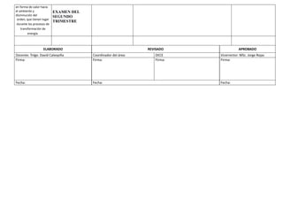 en forma de calor hacia
el ambiente y
disminución del
orden, que tienen lugar
durante los procesos de
transformación de
energía.
EXAMEN DEL
SEGUNDO
TRIMESTRE
ELABORADO REVISADO APROBADO
Docente: Tnlgo. David Calvopiña Coordinador del área: DECE Vicerrector: MSc. Jorge Rojas
Firma: Firma: Firma: Firma:
Fecha: Fecha: Fecha:
 