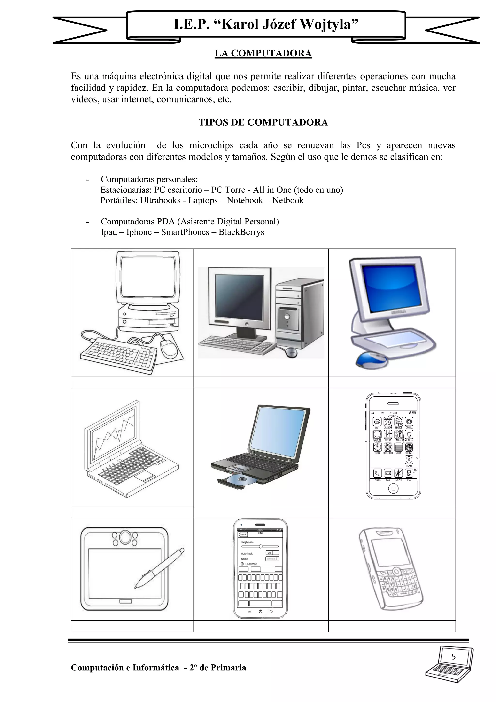 5
Computación e Informática - 2º de Primaria
I.E.P. “Karol Józef Wojtyla”
LA COMPUTADORA
Es una máquina electrónica digital que nos permite realizar diferentes operaciones con mucha
facilidad y rapidez. En la computadora podemos: escribir, dibujar, pintar, escuchar música, ver
videos, usar internet, comunicarnos, etc.
TIPOS DE COMPUTADORA
Con la evolución de los microchips cada año se renuevan las Pcs y aparecen nuevas
computadoras con diferentes modelos y tamaños. Según el uso que le demos se clasifican en:
- Computadoras personales:
Estacionarias: PC escritorio – PC Torre - All in One (todo en uno)
Portátiles: Ultrabooks - Laptops – Notebook – Netbook
- Computadoras PDA (Asistente Digital Personal)
Ipad – Iphone – SmartPhones – BlackBerrys
 