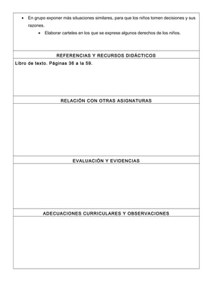 · En grupo exponer más situaciones similares, para que los niños tomen decisiones y sus 
razones. 
· Elaborar carteles en los que se exprese algunos derechos de los niños. 
REFERENCIAS Y RECURSOS DIDÁCTICOS 
Libro de texto. Páginas 36 a la 59. 
RELACIÓN CON OTRAS ASIGNATURAS 
EVALUACIÓN Y EVIDENCIAS 
ADECUACIONES CURRICULARES Y OBSERVACIONES 
 