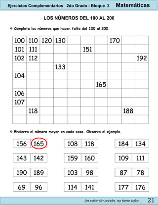 Un valor sin acción, no tiene valor. 21
LOS NÚMEROS DEL 100 AL 200
 Completa los números que hacen falta del 100 al 200.
100 110 120 130 170
101 111 151
102 112 192
133
104
165
106
107
118 188
 Encierra el número mayor en cada caso. Observa el ejemplo.
156 165 108 118 184 134
143 142 159 160 109 111
190 189 103 98 87 78
69 96 114 141 177 176
Ejercicios Complementarios 2do Grado - Bloque 3 Matemáticas
 