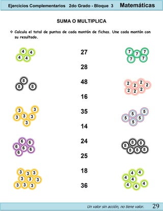 Un valor sin acción, no tiene valor. 29
SUMA O MULTIPLICA
 Calcula el total de puntos de cada montón de fichas. Une cada montón con
su resultado.
Ejercicios Complementarios 2do Grado - Bloque 3 Matemáticas
 
