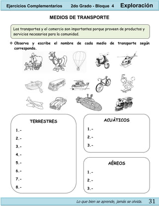 Lo que bien se aprende, jamás se olvida. 31
MEDIOS DE TRANSPORTE
 Observa y escribe el nombre de cada medio de transporte según
corresponda.
TERRESTRES
1.-
2.-
3.-
4.-
5.-
6.-
7.-
8.-
ACUÁTICOS
1.-
2.-
3.-
AÉREOS
1.-
2.-
3.-
Los transportes y el comercio son importantes porque proveen de productos y
servicios necesarios para la comunidad.
Ejercicios Complementarios 2do Grado - Bloque 4 Exploración
 