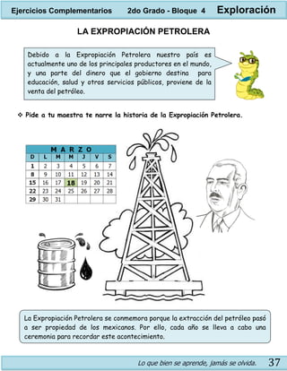 Lo que bien se aprende, jamás se olvida. 37
LA EXPROPIACIÓN PETROLERA
 Pide a tu maestra te narre la historia de la Expropiación Petrolera.
Debido a la Expropiación Petrolera nuestro país es
actualmente uno de los principales productores en el mundo,
y una parte del dinero que el gobierno destina para
educación, salud y otros servicios públicos, proviene de la
venta del petróleo.
La Expropiación Petrolera se conmemora porque la extracción del petróleo pasó
a ser propiedad de los mexicanos. Por ello, cada año se lleva a cabo una
ceremonia para recordar este acontecimiento.
Ejercicios Complementarios 2do Grado - Bloque 4 Exploración
 
