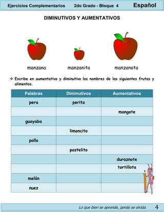 Lo que bien se aprende, jamás se olvida. 4
DIMINUTIVOS Y AUMENTATIVOS
manzana manzanita manzanota
 Escribe en aumentativo y diminutivo los nombres de las siguientes frutas y
alimentos.
Palabras Diminutivos Aumentativos
pera perita
mangote
guayaba
limoncito
pollo
pastelito
duraznote
tortillota
melón
nuez
Ejercicios Complementarios 2do Grado - Bloque 4 Español
 