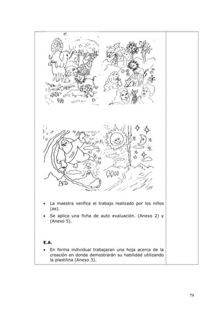 • La maestra verifica el trabajo realizado por los niños
(as).
• Se aplica una ficha de auto evaluación. (Anexo 2) y
(Anexo 5).
E.A.
• En forma individual trabajaran una hoja acerca de la
creación en donde demostrarán su habilidad utilizando
la plastilina (Anexo 3).
79
 