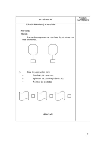 ESTRATEGIAS
MEDIOS
MATERIALES
¡DEMUESTRO LO QUE APRENDÍ!
NOMBRE:
FECHA:
I. Forma dos conjuntos de nombres de personas con
tres elementos.
II. Crea tres conjuntos con:
 Nombres de personas
 Apellidos de tus compañeros(as)
 Nombre de ciudades
¡GRACIAS!
5
 