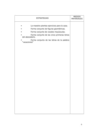 ESTRATEGIAS
MEDIOS
MATERIALES
 La maestra plantea ejercicios para la casa.
 Forma conjunto de figuras geométricas.
 Forma conjunto de vocales mayúsculas.
 Forma conjunto de las cinco primeras letras
del abecedario.
 Forma conjunto de las letras de la palabra
“vacaciones”
6
 